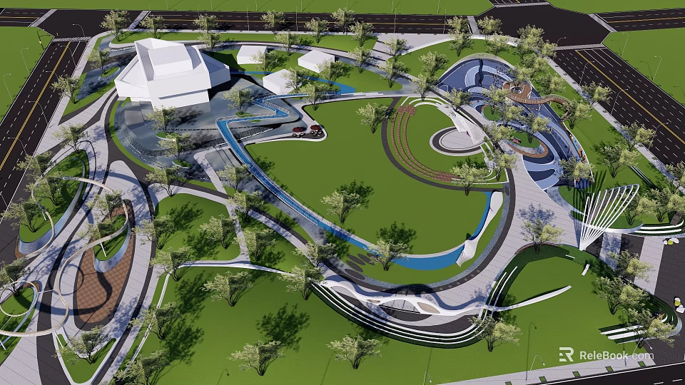 Park Landscape Aerial View With Green Lawns Winding Pathways Water Features And Trees 3d model 