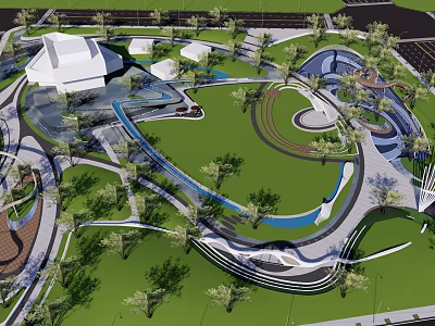 Park Landscape Aerial View With Green Lawns Winding Pathways Water Features And Trees 3d model