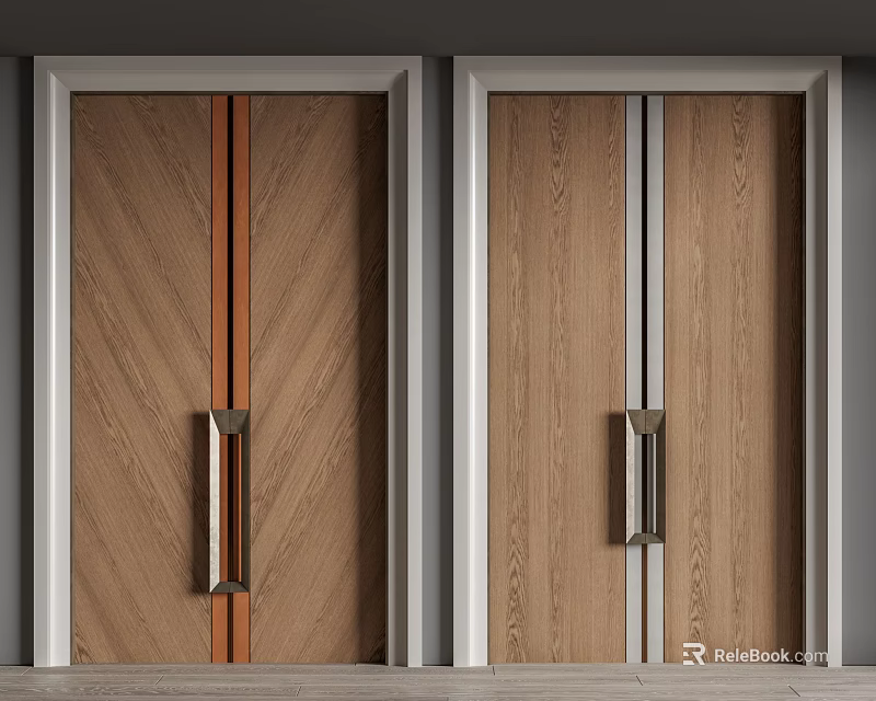 Wooden Double Doors With Brown White Decorative Strips And Metal Handles 3d model 