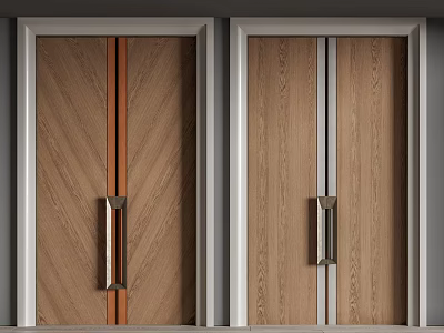 Wooden Double Doors With Brown White Decorative Strips And Metal Handles 3d model