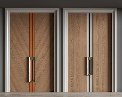 Wooden Double Doors With Brown White Decorative Strips And Metal Handles 3d model