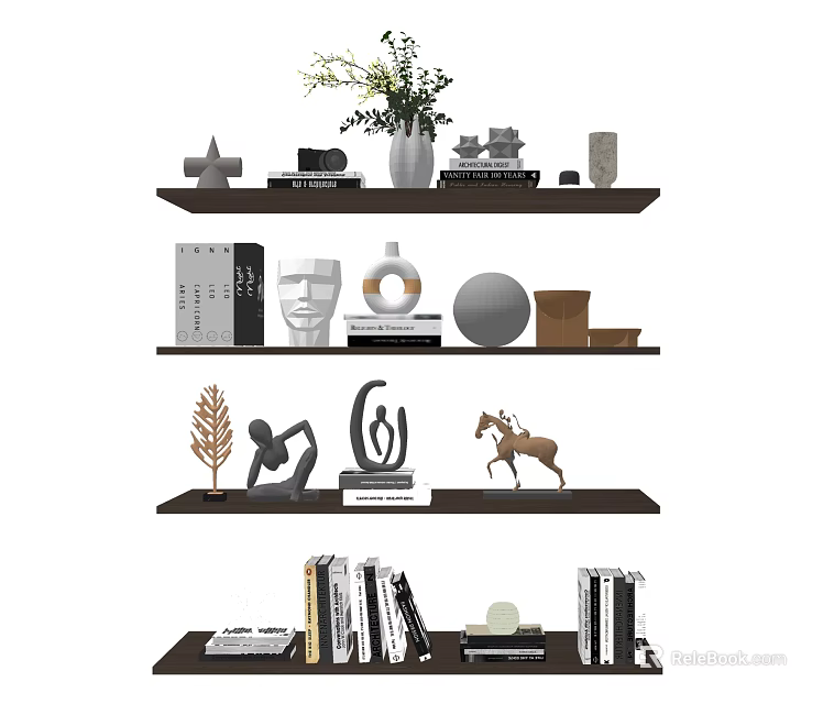 Modern Decorative Ornament Set with Sculptures Books and Plants on Wooden Shelf for Home 3d model 