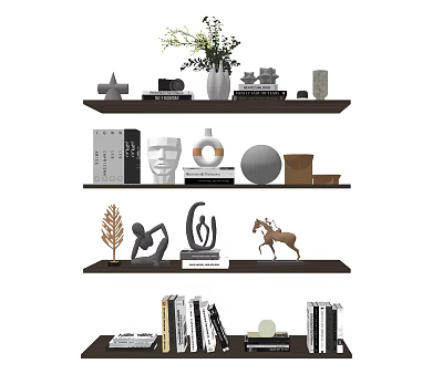 Modern Decorative Ornament Set with Sculptures Books and Plants on Wooden Shelf for Home 3d model