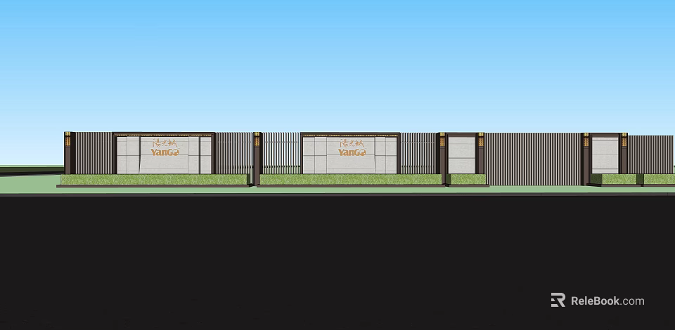 Modern Building Exterior Wall Design With Horizontal Vertical Panels And Green Base 3d model