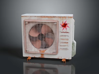 Rusty Haier Air Conditioner With Red Flower Decoration And Weathered Exterior 3d model