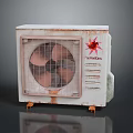 Rusty Haier Air Conditioner With Red Flower Decoration And Weathered Exterior
