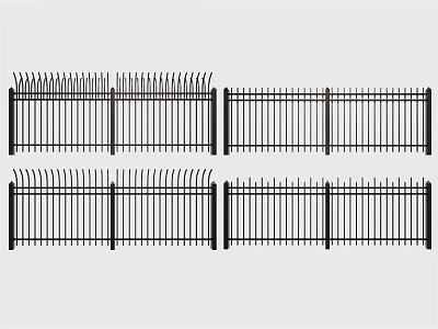 Different Styles of Iron Fence with Spiked Tops and Flat Rail Designs 3d model