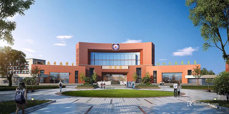 Red Brick School Building With Large Glass Windows Front Lawn And People Walking Near Entrance 3d model 