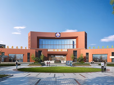 Red Brick School Building With Large Glass Windows Front Lawn And People Walking Near Entrance 3d model