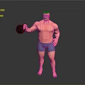 Shirtless Muscular Man In Blue Shorts Holding Black Kettlebell 3D Model On Gray Background