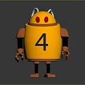 Yellow Robot Sculpture Featuring Red Eyes Number 4 Orange Arms and Legs
