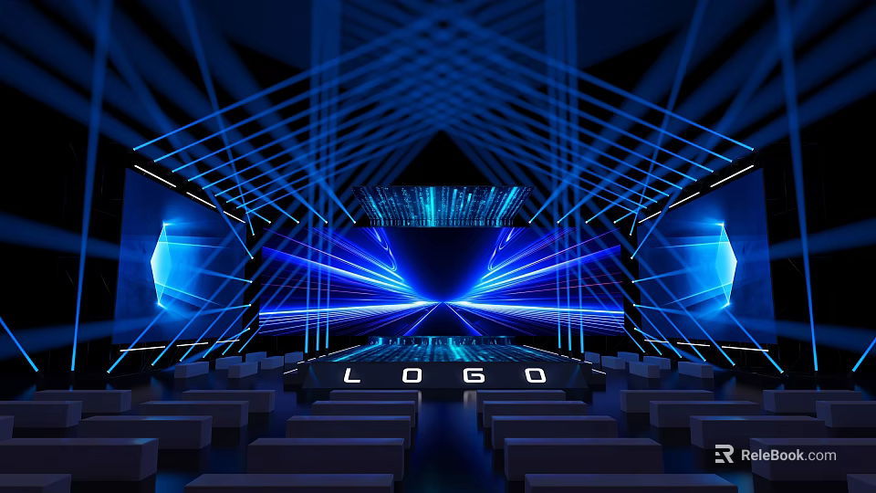 Modern Tech Stage Design With Blue Lighting Geometric Lines Logo And Audience Seats 3d model