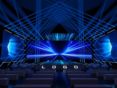 Modern Tech Stage Design With Blue Lighting Geometric Lines Logo And Audience Seats 3d model