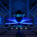 Modern Tech Stage Design With Blue Lighting Geometric Lines Logo And Audience Seats 3d model
