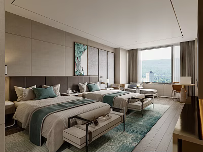 Hotel Guest Room Interior With Twin Beds Decorative Painting Large Window And Scenic View 3d model