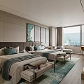 Hotel Guest Room Interior With Twin Beds Decorative Painting Large Window And Scenic View