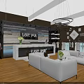 Stylish Clothing Store Interior Featuring Wooden Wall Display Racks Sofa Seating And Chandelier Lighting