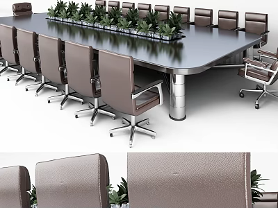Modern Office Conference Table Interior Design With Leather Chairs And Green Plants 3d model