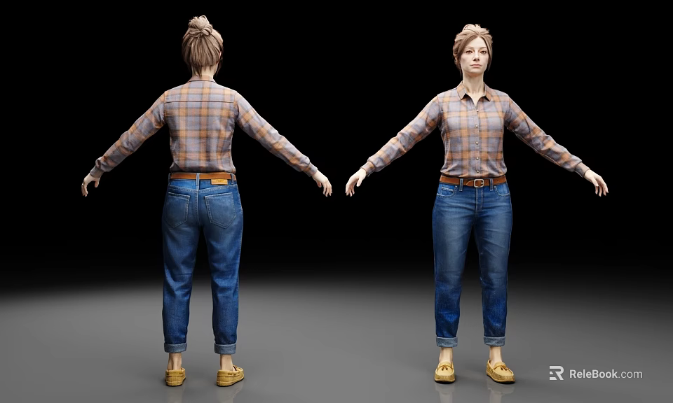 Woman In Plaid Shirt Blue Jeans And Yellow Shoes 3D Model Front Back View 3d model 