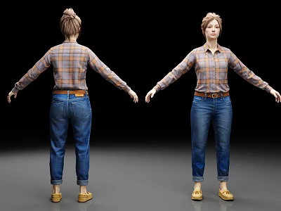 Woman In Plaid Shirt Blue Jeans And Yellow Shoes 3D Model Front Back View 3d model