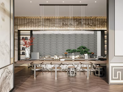 Modern Chinese Tea Room Interior Design With Hanging Chandelier Wooden Floor And Tea Table 3d model