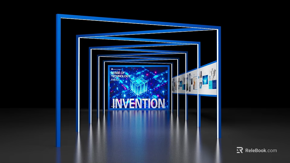 Event Passageway With Blue Illuminated Frames And Invention Themed Tech Displays 3d model 