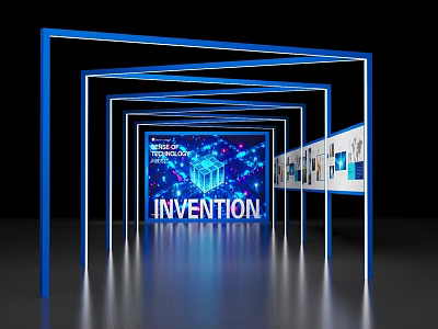 Event Passageway With Blue Illuminated Frames And Invention Themed Tech Displays 3d model