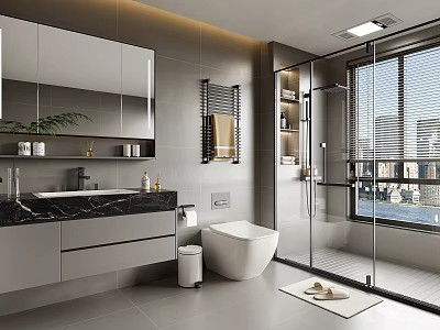 Modern Bathroom Interior With Large Mirror Marble Countertop And Glass Shower Enclosure 3d model