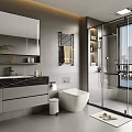 Modern Bathroom Interior With Large Mirror Marble Countertop And Glass Shower Enclosure