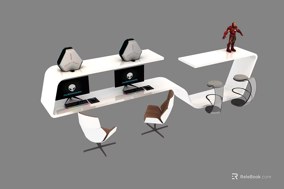 Modern White Desk Setup With Dual Monitors Chairs And Iron Man Figurine 3d model 