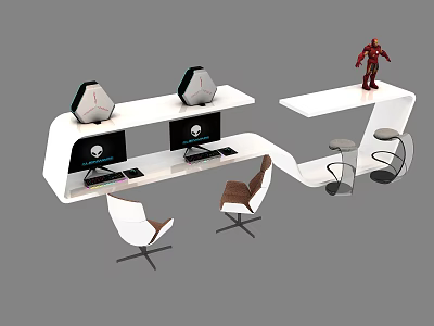 Modern White Desk Setup With Dual Monitors Chairs And Iron Man Figurine 3d model
