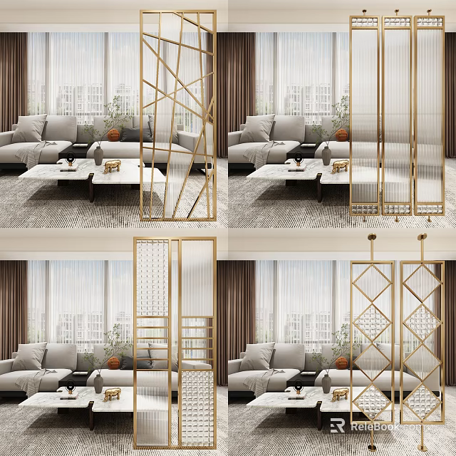 Modern Living Room Decor With Gold Geometric Partition And Sofa Furniture 3d model 