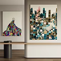 Vibrant Abstract Paintings Featuring Striped Patterns And Geometric Square Mosaic Wall Art 3d model
