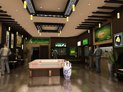 Chinese Style Specialty Store Interior Featuring Wooden Decor Hanging Lanterns Display Counter And Green Plants 3d model