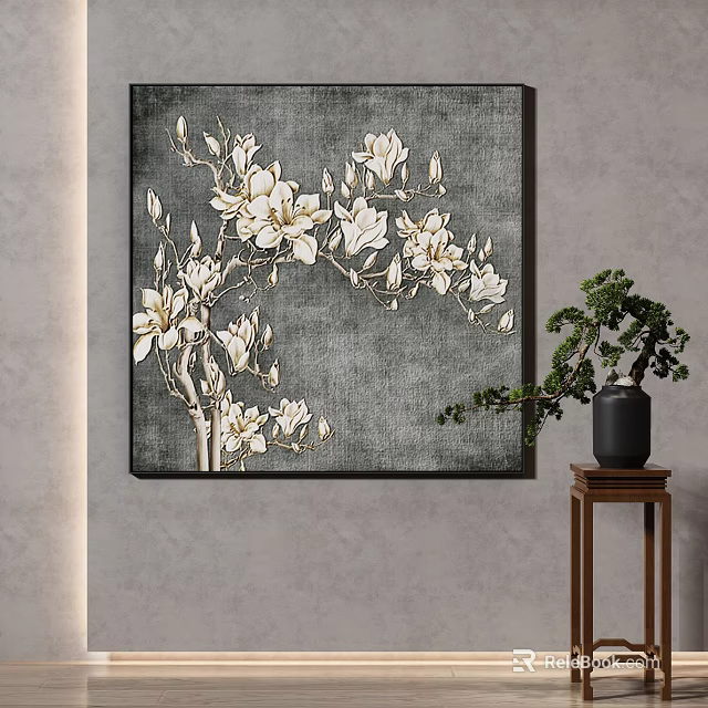 Plant Painting Featuring White Magnolia Flowers Gray Background Black Frame Green Plant Wooden Table 3d model 
