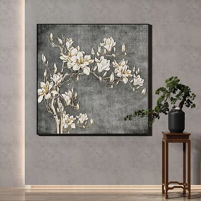 Plant Painting Featuring White Magnolia Flowers Gray Background Black Frame Green Plant Wooden Table 3d model