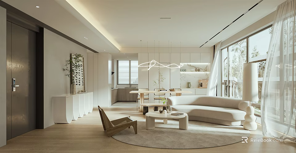 Modern Open Living And Dining Room Interior With Sofa Coffee Table And Pendant Light 3d model 