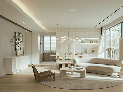 Modern Open Living And Dining Room Interior With Sofa Coffee Table And Pendant Light 3d model