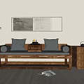 Traditional Chinese Wooden Daybed With Gray Pillows Tea Table And Wall Painting In Sunlit Room