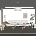 Modern Living Room Interior With White Sofa Plush Rug Wooden Coffee Table And Green Plant
