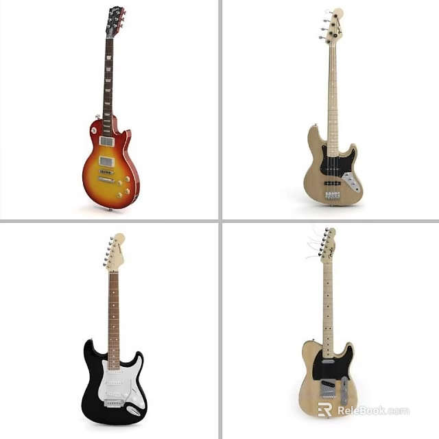 Collection of Colorful Electric Guitars and Bass in Various Styles and Designs 3d model 