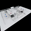 White Exhibition Booth With Open Design Multiple Display Counters Blue Accents And Fencing