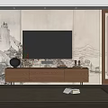 Wooden TV Stand In Modern Chinese Style With Landscape Painting Vase Books And Rug