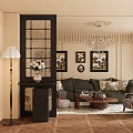 Black Glass Room Divider In Living Room With Green Sofa Paintings And Wooden Floor