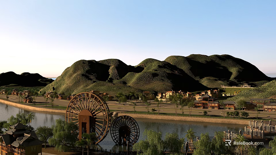 Scenic Garden Landscape With Two Large Water Wheels River Mountains Houses And Trees Along Shore 3d model 