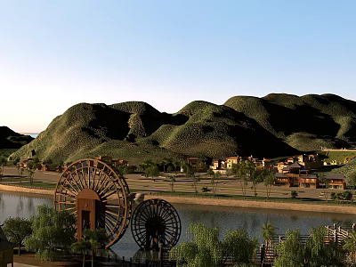 Scenic Garden Landscape With Two Large Water Wheels River Mountains Houses And Trees Along Shore 3d model