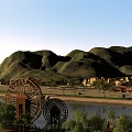 Scenic Garden Landscape With Two Large Water Wheels River Mountains Houses And Trees Along Shore