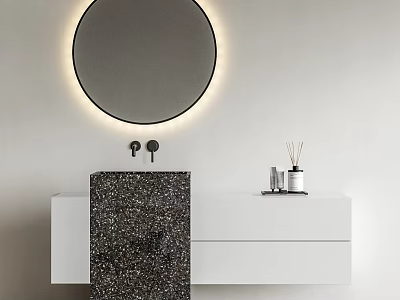 Modern Bathroom Vanity With Round Illuminated Mirror Black Speckled Countertop White Cabinet And Faucet 3d model