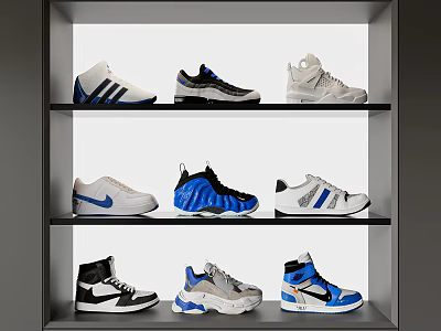 Stylish Sneakers Displayed On Shelves In Showcase 3d model
