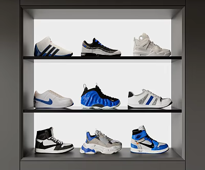 Stylish Sneakers Displayed On Shelves In Showcase 3d model Stylish Sneakers Displayed On Shelves In Showcase 3d model